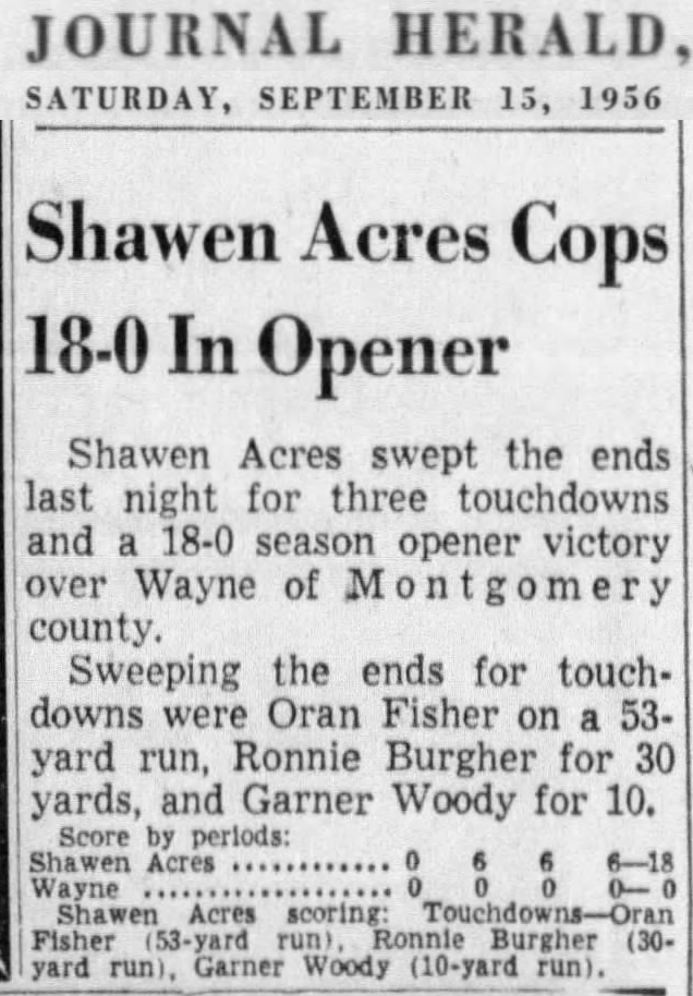 19560915 DJH Shawen Acres Cops 18-0 In Opener